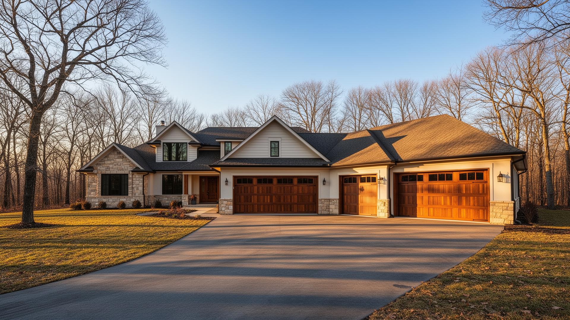 Premium insulated steel garage doors with wood overlay on a beautiful ranch-style home